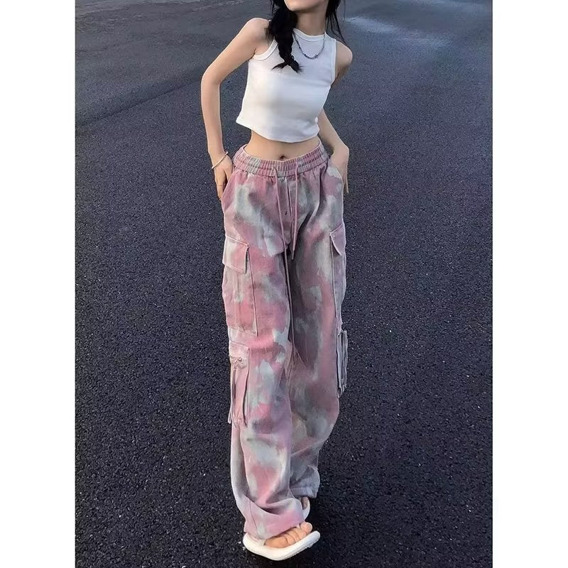 Dopamine pants Free shipping Tattoo Design sense dopamine wear pink camouflage overalls women's summer street high waist elastic sweet casual trousers