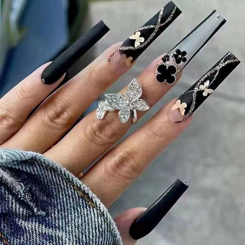 (Hand made nail) European and American Spicy Girl Super Long Instagram Dark Small Stand Retro Trapezoidal Shining Diamond Beauty False Nail Patch Detachable Wearable Nail