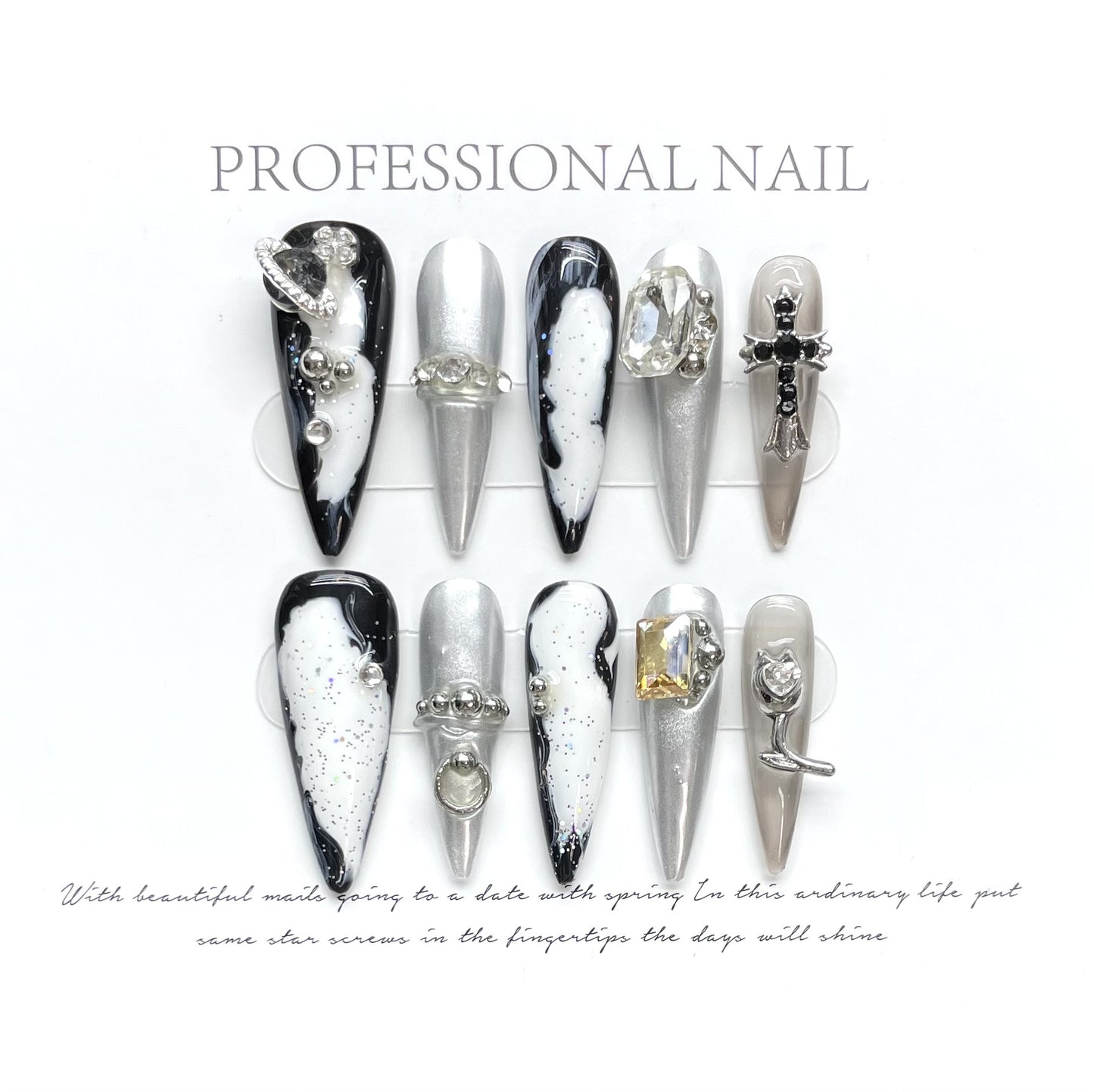 (reusable nail)Handmade Armor Wearing Fantasy Empress Dowager Xi, Silver White Silver Sparkling Spicy Girl Nail Beauty, European and American Cross border Foreign Trade, Long Pointed Nail