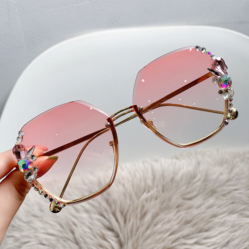 Women's fashion glasses 2024 跨境大框水钻太阳镜无框防晒防紫外线墨镜个性女大脸显瘦带钻