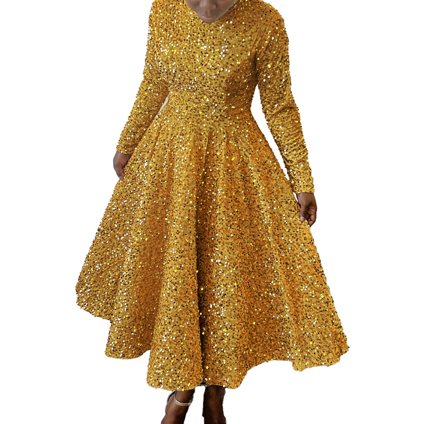 Fashion women's wear D469 Cross-Border New Arrival Women's round Neck Long Sleeve Pure Color Sequins High Waist Temperament Mid-Length Formal Dress European and American Style Dress