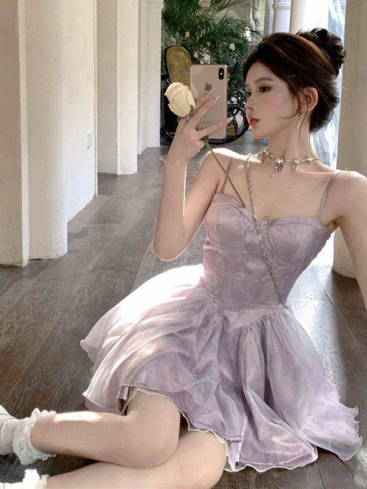 Fashion women's wear Tea Break French Style Fishbone Sling Dress Fairy Birthday Dinner Suit Disney Princess on the Run Bubble Skirt