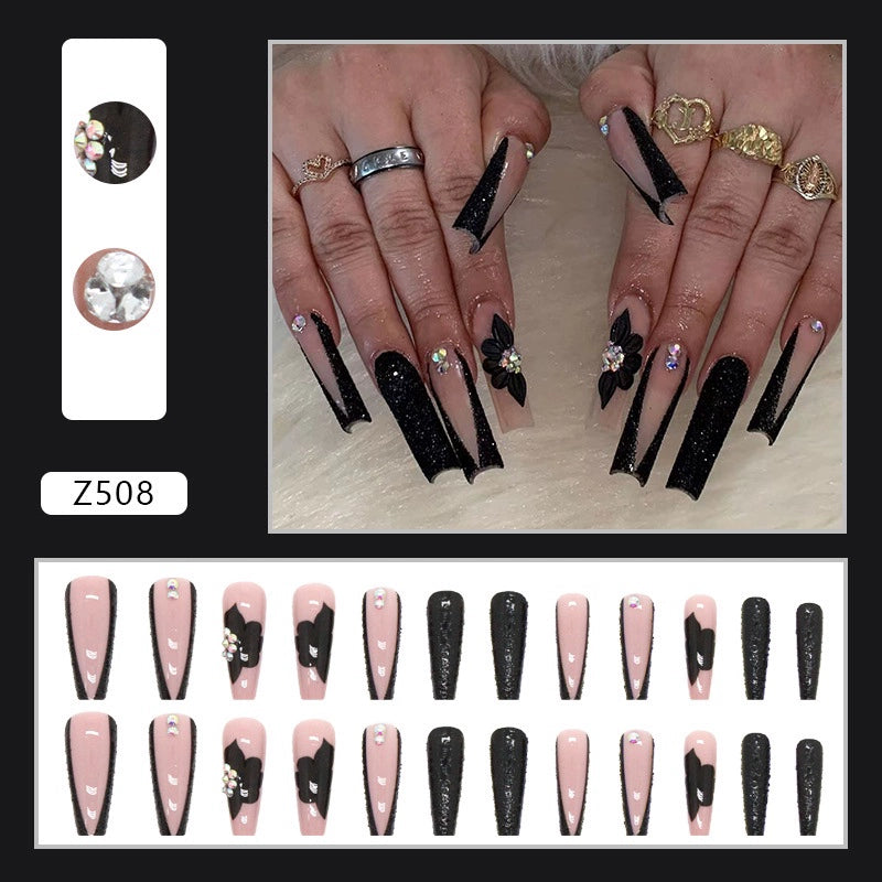 (Hand made nail) European and American Spicy Girl Super Long Instagram Dark Small Stand Retro Trapezoidal Shining Diamond Beauty False Nail Patch Detachable Wearable Nail