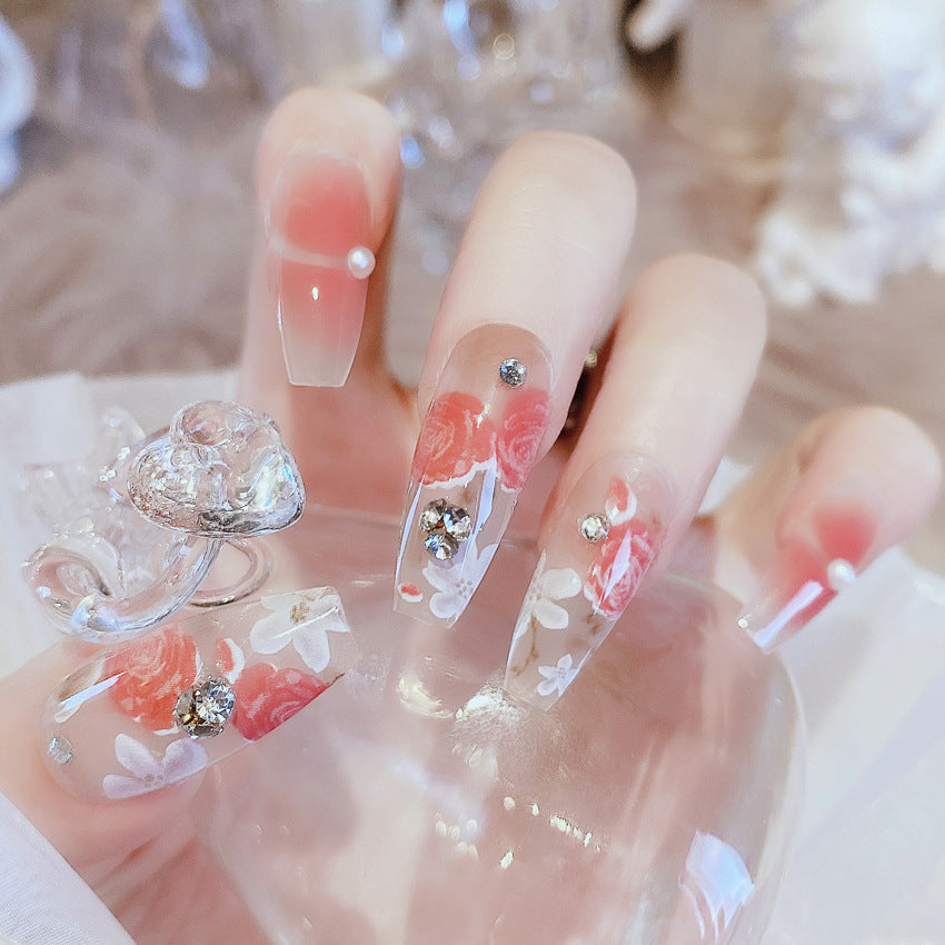 Fashion  nail New Rendering Flower Long Finished Nail Beauty Wearable Fake Nails Removable Nail Tip Wearable Armor X76