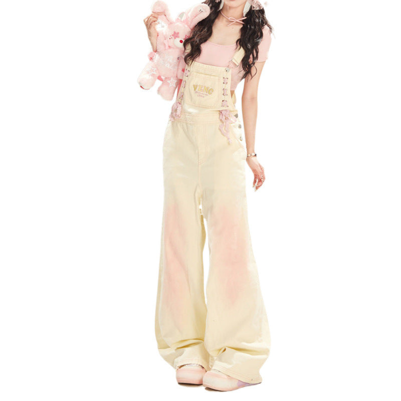 Dopamine pants Free shipping Tattoo Dopamine retro denim overalls 2024 autumn new American straight loose small one-piece jeans
