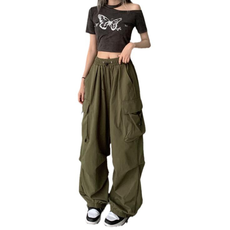 Fashion women's wear Overalls Women's 2024 Summer New American Parachute Pants High Waist Wide Leg Leisure Drawstring Sports Pants Fashion