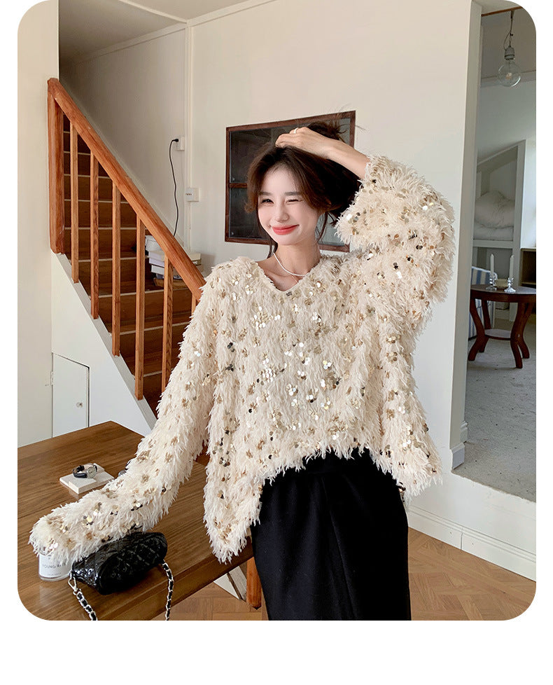 Fashion women's wear Real Shot Shiny Annual Meeting Festival Atmosphere Handmade Sequined Feather V-neck Sweater Spring Inner Wear Sweet Dress