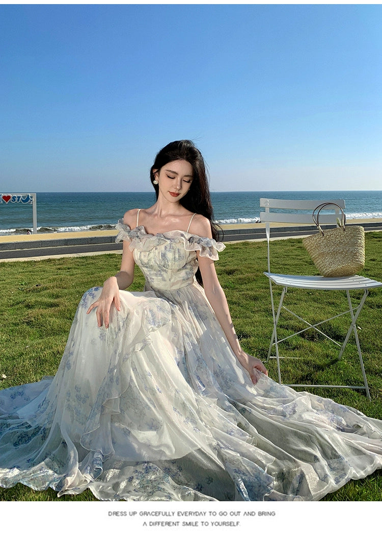 Fashion women's wear Seaside Vacation Style Suspender Skirt Yarn French Ruffled Beach Dress Atmosphere Long Skirt Elegant Fairy Style