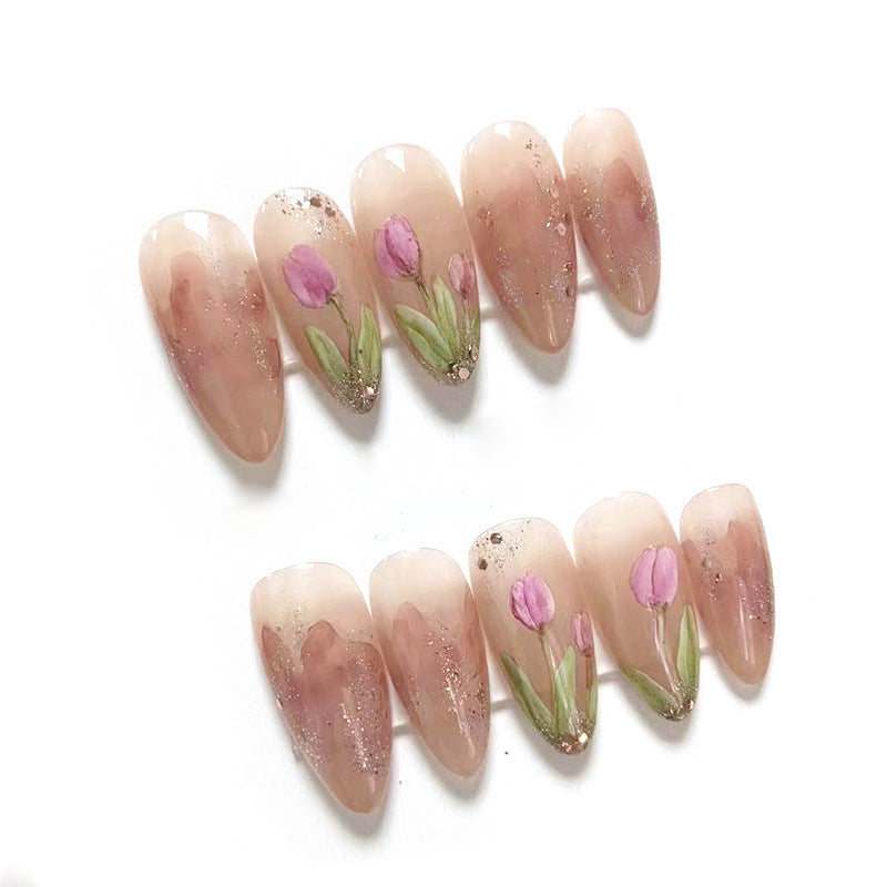 (Hand-Made Nail) Hand-Worn Nail Manicure Purple Star River Butterfly Flash Heavy Industry Blooming Hand-Painted Flash Diamond Hand-Painted Detachable