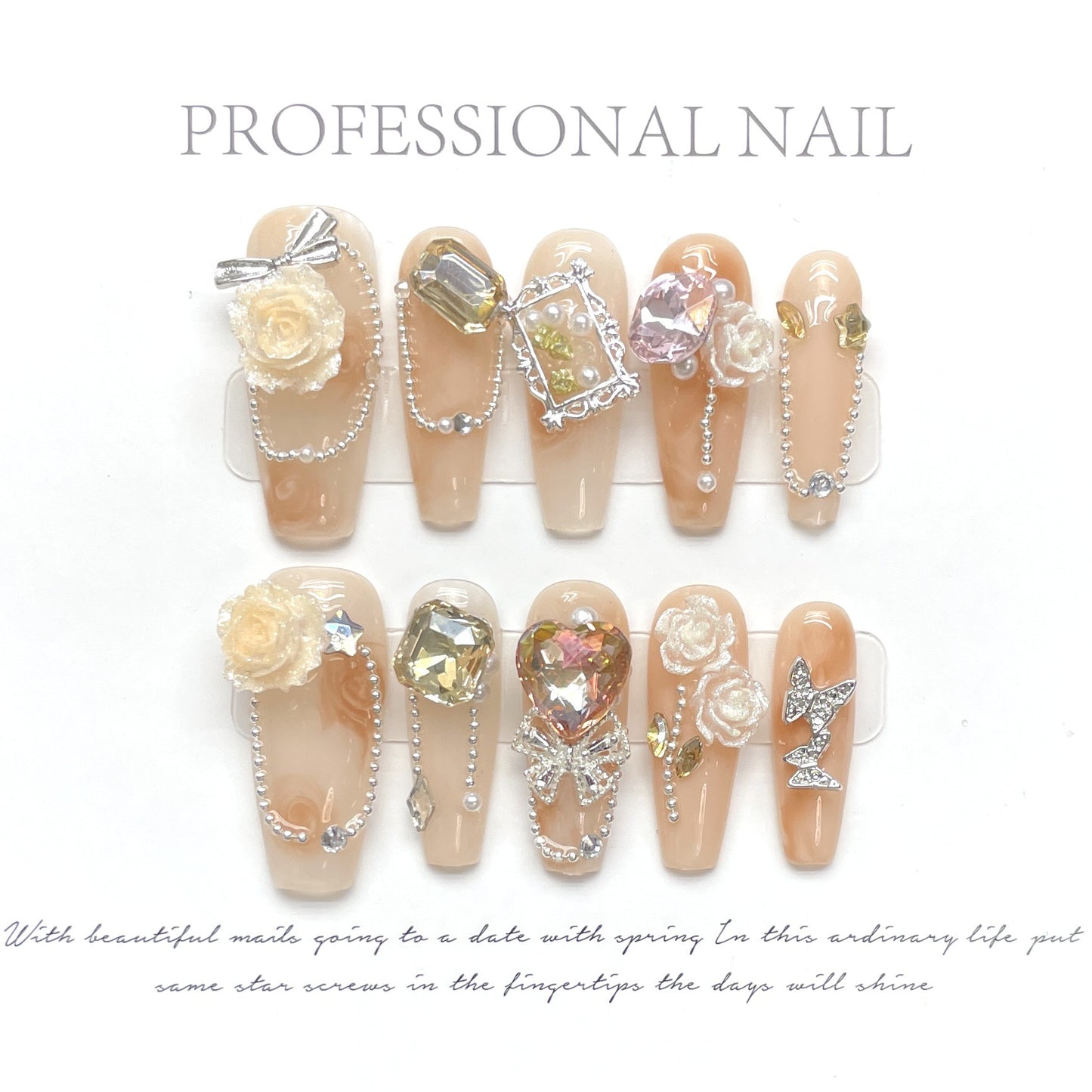 (Hand-Made Nail) Spring Full Garden Micro Carving Handmade Nail Painting Peony Princess Style White High-Grade Mid-Length Detachable