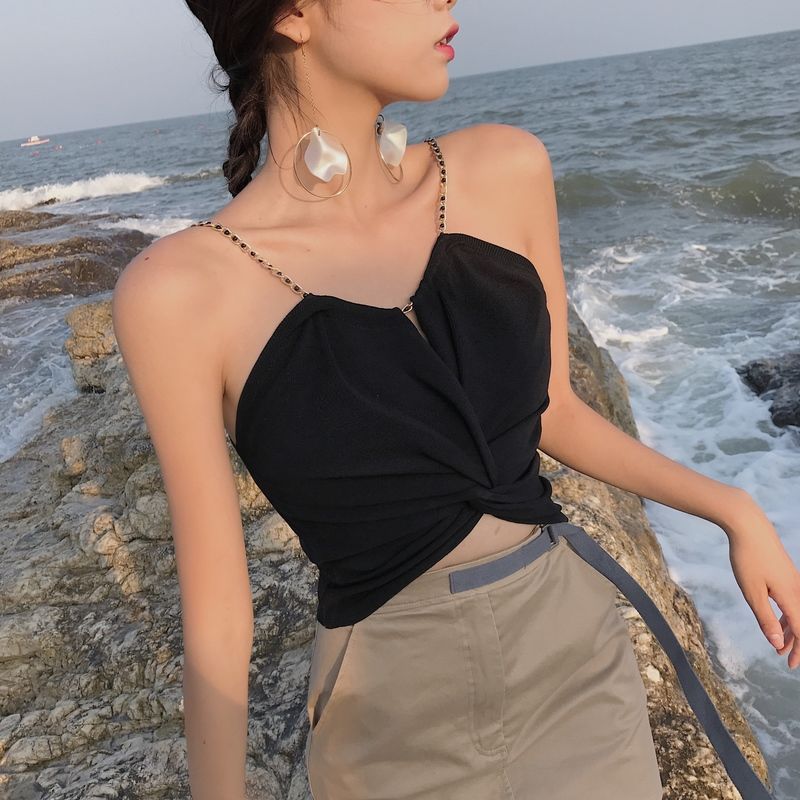 Free shipping  sexy high waist short open button top versatile metal chain tube top bottoming shirt tops