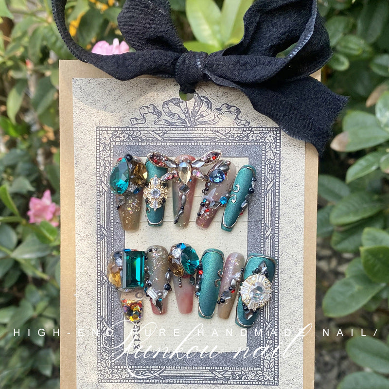 (Hand-Made Nail) Handmade Wear Nail Factory Straight Hair Quicksand Manicure Green Fat Red Thin Gem Box Flash Dragonfly Diamond in the Debris Flow Hemp