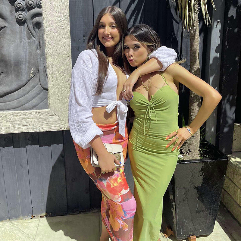 Fashion women's wear Q23st297 American Sexy Tube Top Backless Halter Top Long Dress Suit Women's Clothing Hot Girl All-Match Summer New