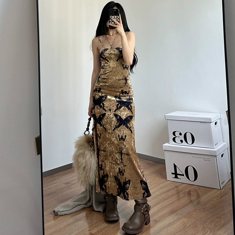 Fashion women's wear Wilderness Butterfly Printing Slip Dress 2024 Autumn New Hot Girl Sexy Slim Fit Slimming Sheath Dress