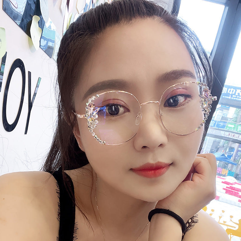 Women's fashion glasses 定制水钻防蓝光眼镜女抗疲劳眼睛素颜显瘦护目镶钻平光镜无度数