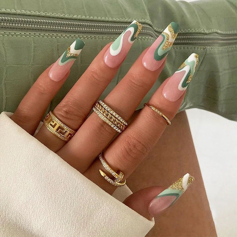 白绿金闪穿戴甲法式nails 跨境美甲片外贸假指甲棺材甲型美甲贴片
