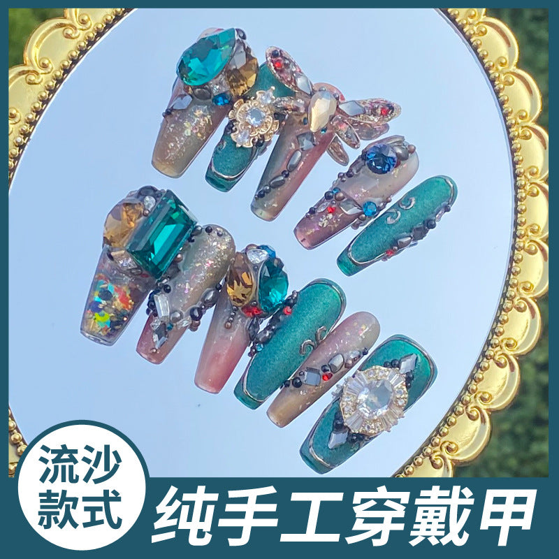 (Hand-Made Nail) Handmade Wear Nail Factory Straight Hair Quicksand Manicure Green Fat Red Thin Gem Box Flash Dragonfly Diamond in the Debris Flow Hemp