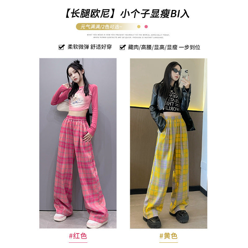 Free shipping  fashion style plaid casual pants women's dopamine wear design sense wide-leg thin straight trousers pants