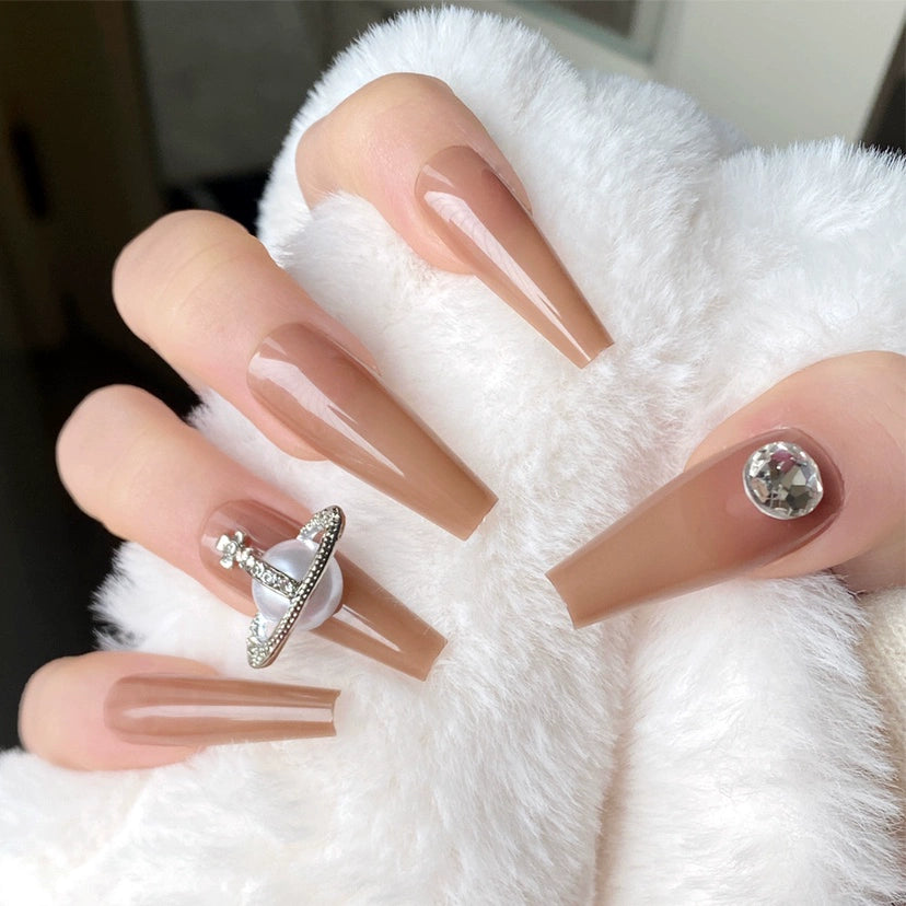 (Hand-made nail) Spice girl Europe and America, dark and long manicure nail, ballet nail, flat head, white, fake nails, wearing beautiful patch, finished product.