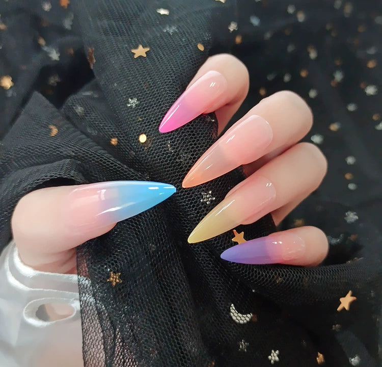 (Hand-made nail) Spice girl Europe and America, dark and long manicure nail, ballet nail, flat head, white, fake nails, wearing beautiful patch, finished product.