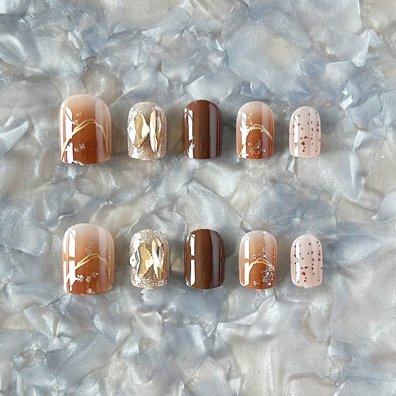 午后拿铁穿戴甲渐变指甲贴奥利奥美甲片香槟水晶美甲贴片成品30片