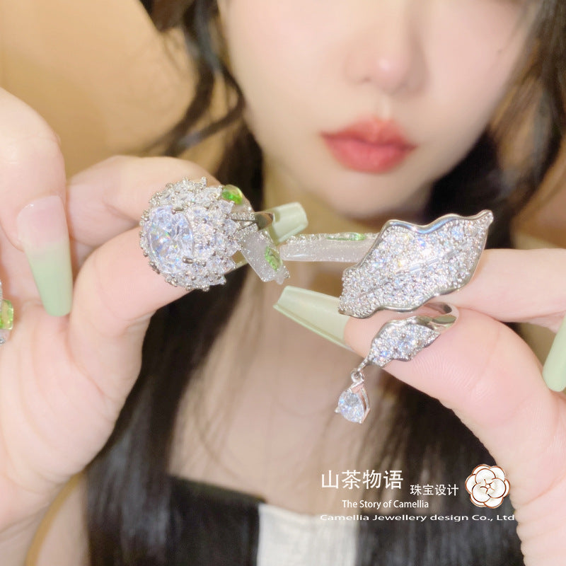 Camellia奥地利宫廷花瓣宝石戒指古董感 镀18K金立体锆石食指戒女