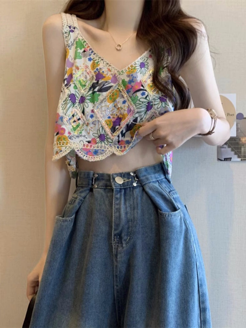 Dopamine tops Free shipping Tattoo Embroidery crochet dopamine color small vest suspenders women's shabohemian ethnic style sweet babes tube top