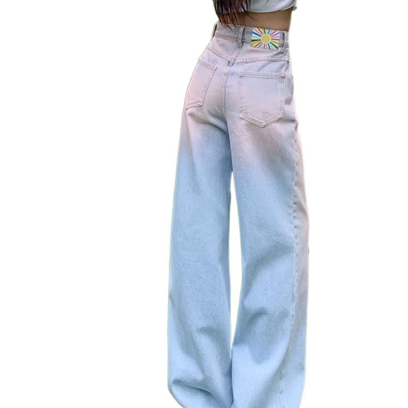 Free shipping Gradual change color design sense blush jeans women's summer dopamine loose and thin straight versatile high waist wide leg pants