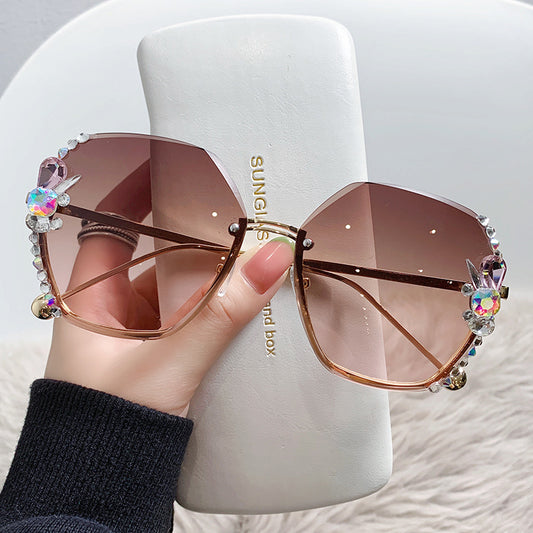 Women's fashion glasses 2024 跨境大框水钻太阳镜无框防晒防紫外线墨镜个性女大脸显瘦带钻