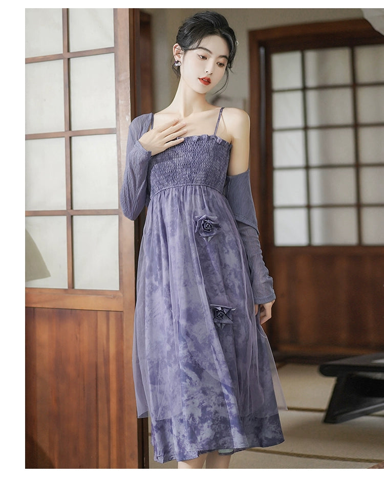 Fashion women's wear New Chinese Style Purple Strap Dress Suit Women's Spring 2024 New Small Fairy Lady Super Fairy Floral Skirt
