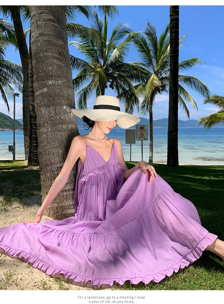 Fashion women's wear Fabric Romantic Lace Dress V-neck Comfortable Loose Vacation Suspender Dress Chic Beautiful Purple Dress