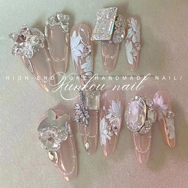(Hand-Made Nail) Pure Hand-Wear Nail Manicure Pink Nude Pink Butterfly Flash Big Diamond Ice Transparent Fairy Disassembly Heavy Industry Hand-Painted