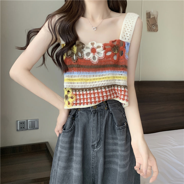 Dopamine tops Free shipping Tattoo Dopamine Stripe Hollow Suspender Small Vest Women's Xia Tailand Wear Ethnic Style Outside Thai Seaside Top