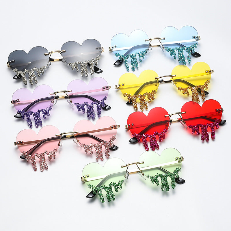 Women's fashion glasses 跨境个性爱心眼泪太阳镜女水钻无框趣味拍照墨镜高级感镶钻太阳镜