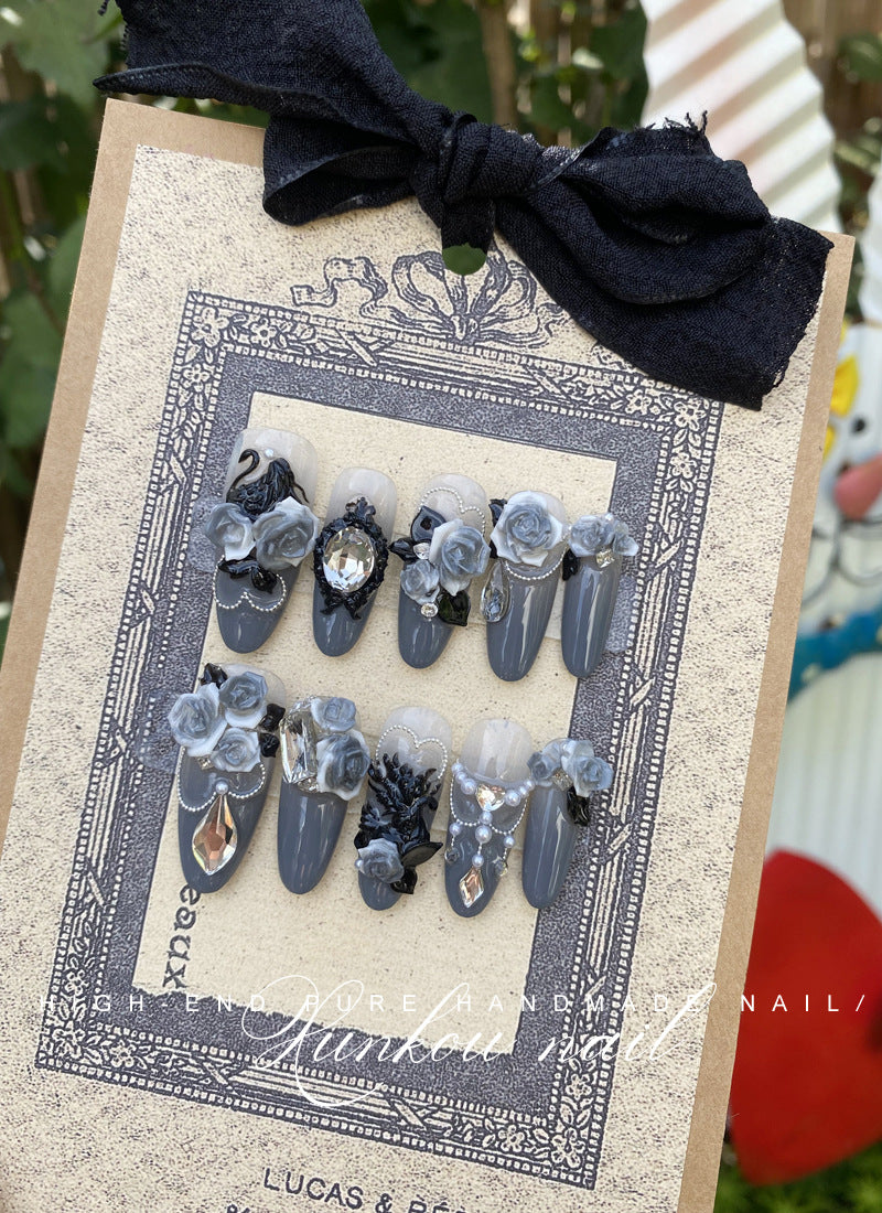 Hand-Made Nail Factory Straight Hair Manicure Black Swan Three-Dimensional Black Color with Carved Flower Rose Dark High Grade Gray