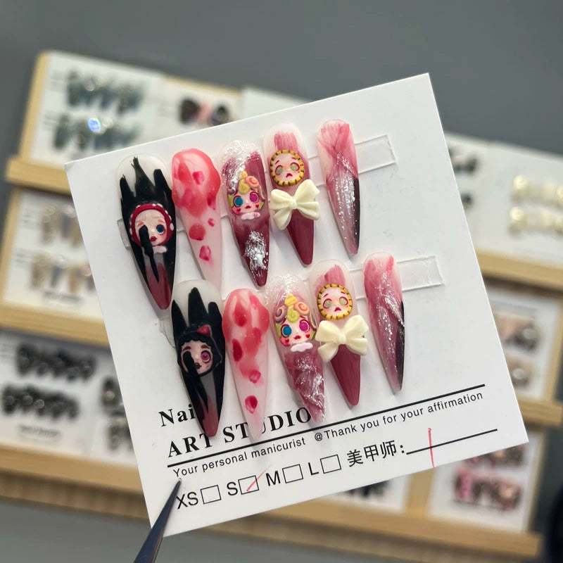 (Hand-made nail) red wearing armor long high-end sweet cool Japanese hot girl European and American handmade personality cyberpunk New Year's nail art