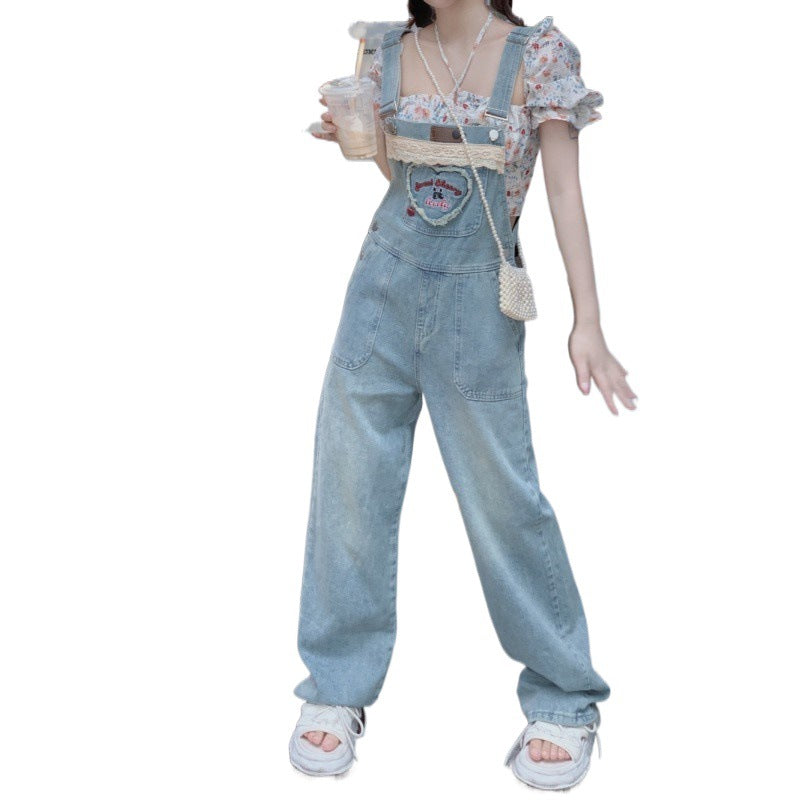 Dopamine pants Free shipping Tattoo Dopamine Denim Overalls Women's Autumn Korean Edition Loose and Cute Student Age Reduction Small Straight Jumpsuit