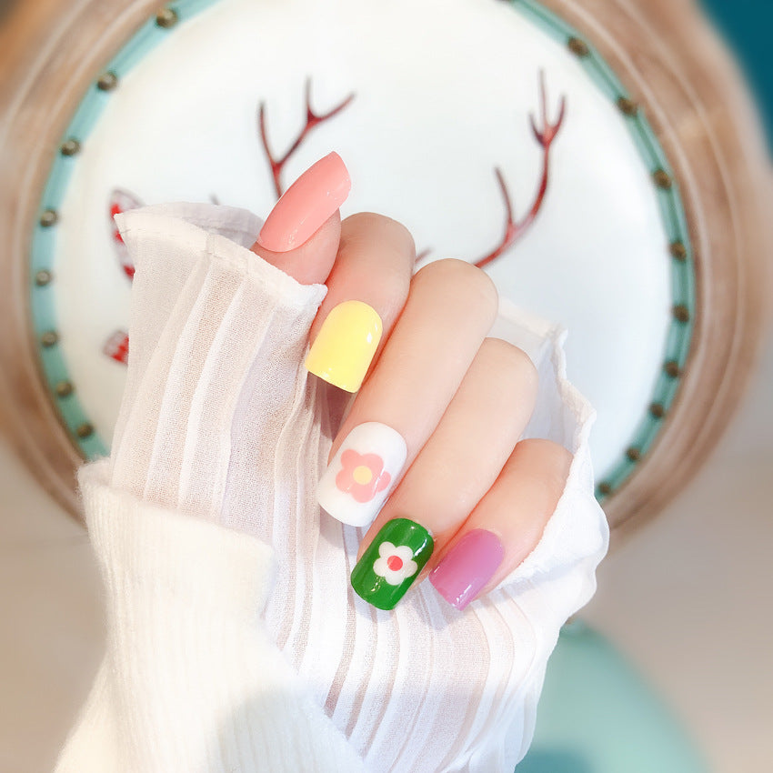 Fashion  nail Wear Nail Full Stickers Cute Flower Manicure Fake Nails Removable Nail Sticker Multi-Color Nail Tip Finished S49