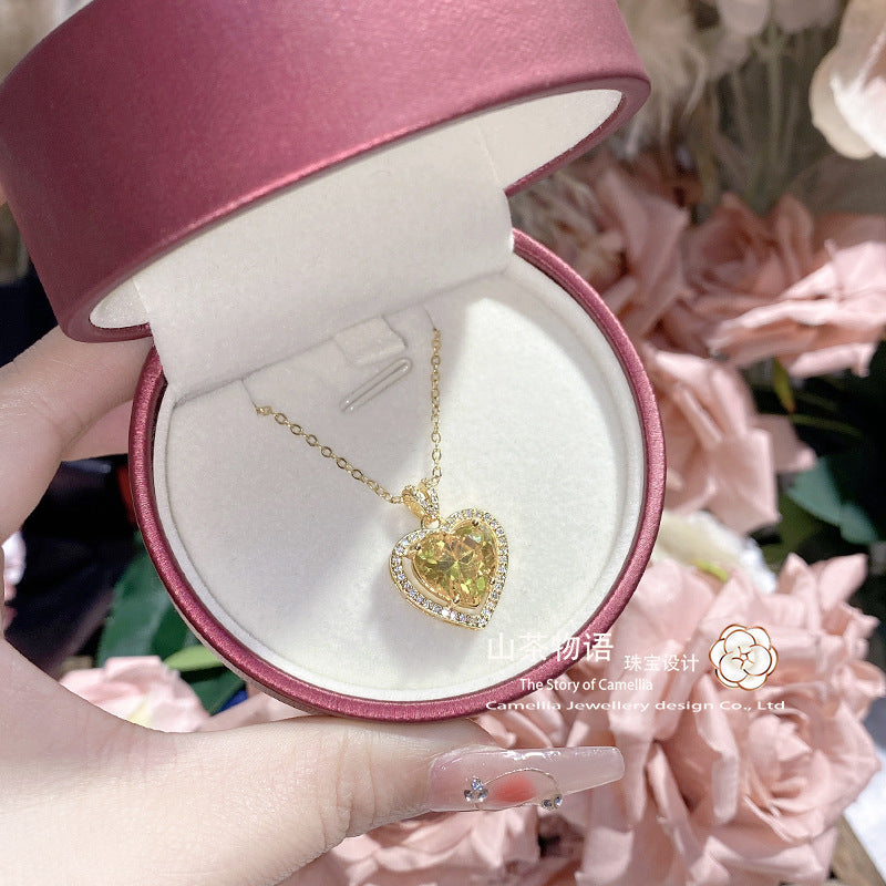 Camellia金色waltz灵动项链女 微镶爱心黄水晶10*10锆石小众吊坠