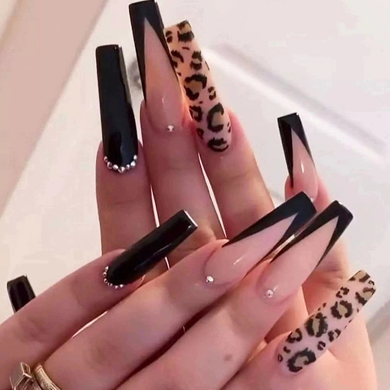 (Hand made nail) European and American Spicy Girl Super Long Instagram Dark Small Stand Retro Trapezoidal Shining Diamond Beauty False Nail Patch Detachable Wearable Nail
