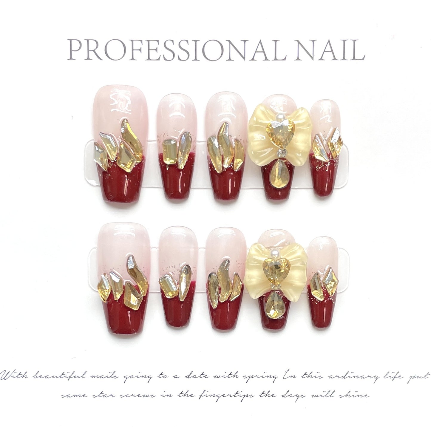 (Hand-Made Nail) Rose Forest Golden Feather Colored Glaze Wear Nail Long French Nail Sticker Finished Product High-Grade White with Diamond Manicure