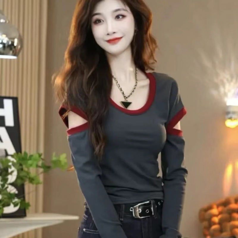 Free shipping Tattoo Douyin 2024 new autumn and winter contrasting color U-neck long-sleeved slim-fitting T-shirt foreign style bottoming shirt top women tops