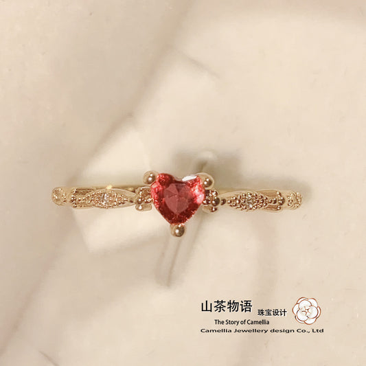 Camellia宫廷复古精致红刚玉戒指 镀金爱心气质高级感百搭食指环