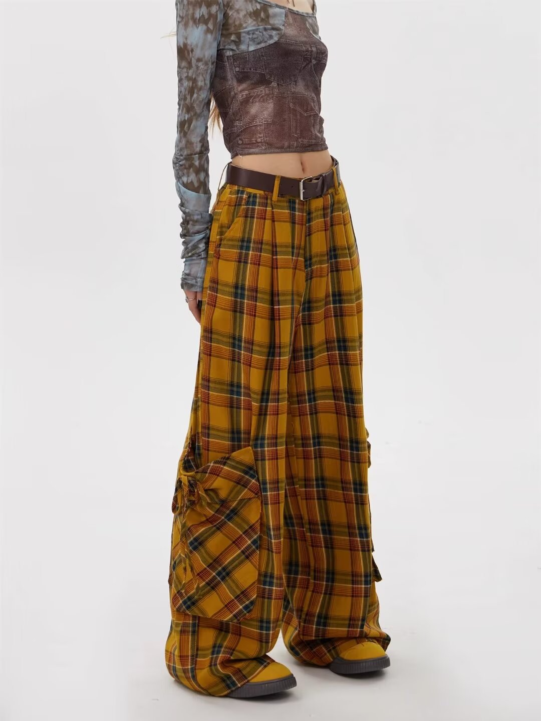 Free shipping retro dopamine plaid yellow pants women's loose bf lazy style thin pear figure casual trousers pants