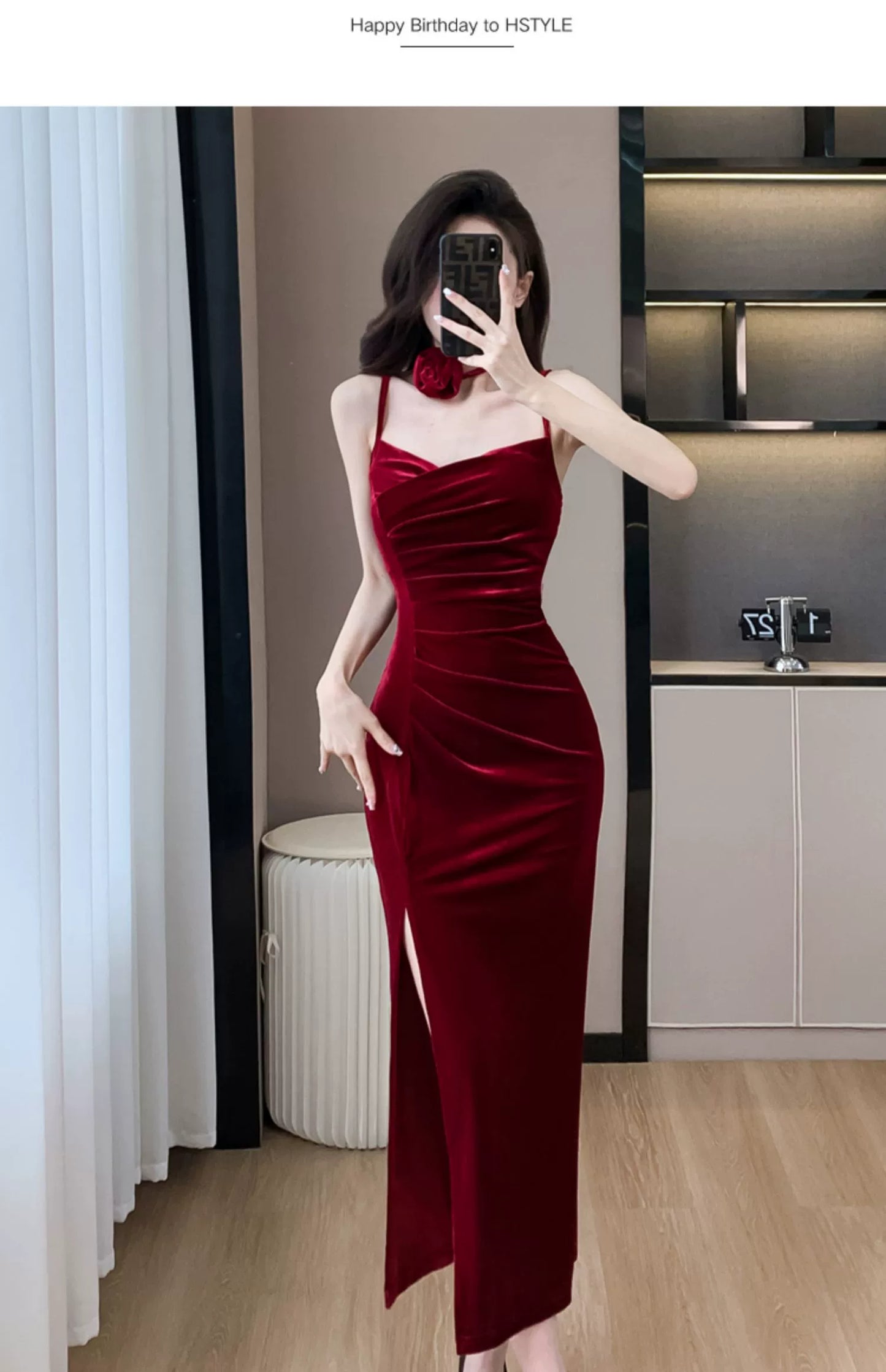 Fashion women's wear French Style Adult Lady like Woman Pleuche Spaghetti-Strap Dress Women's High-Grade Red Evening Dress 2024 Spring Women's Clothes Long Dress