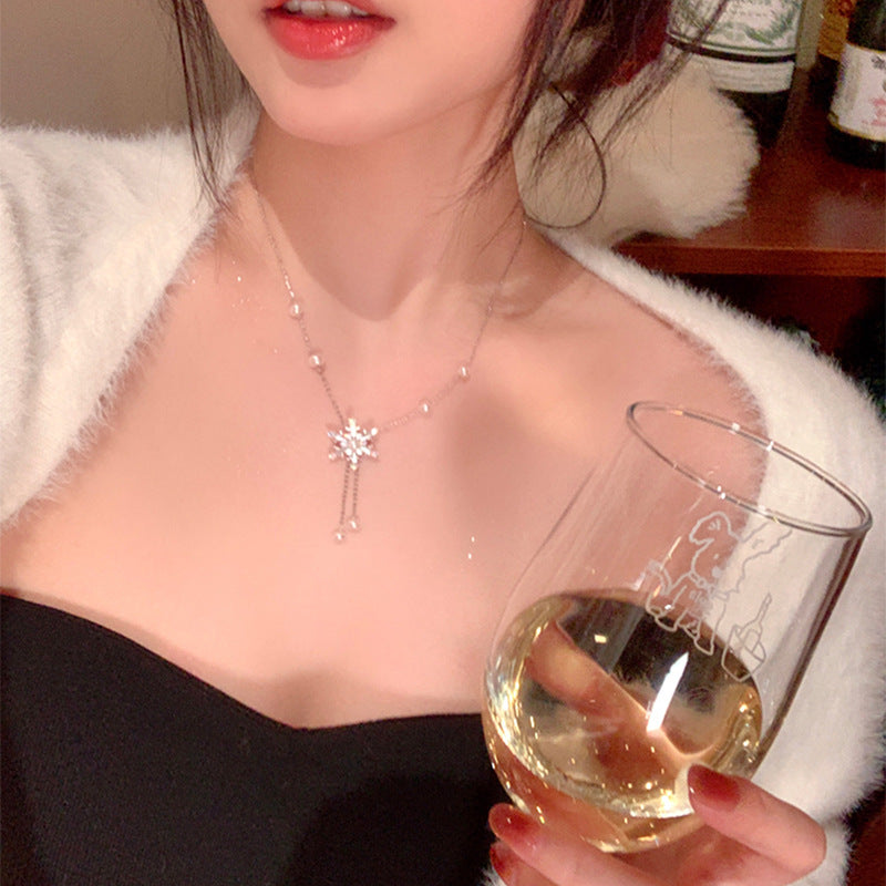 锆石雪花珍珠流苏项链圣诞节小众百搭锁骨链时尚设计感饰品批发女
