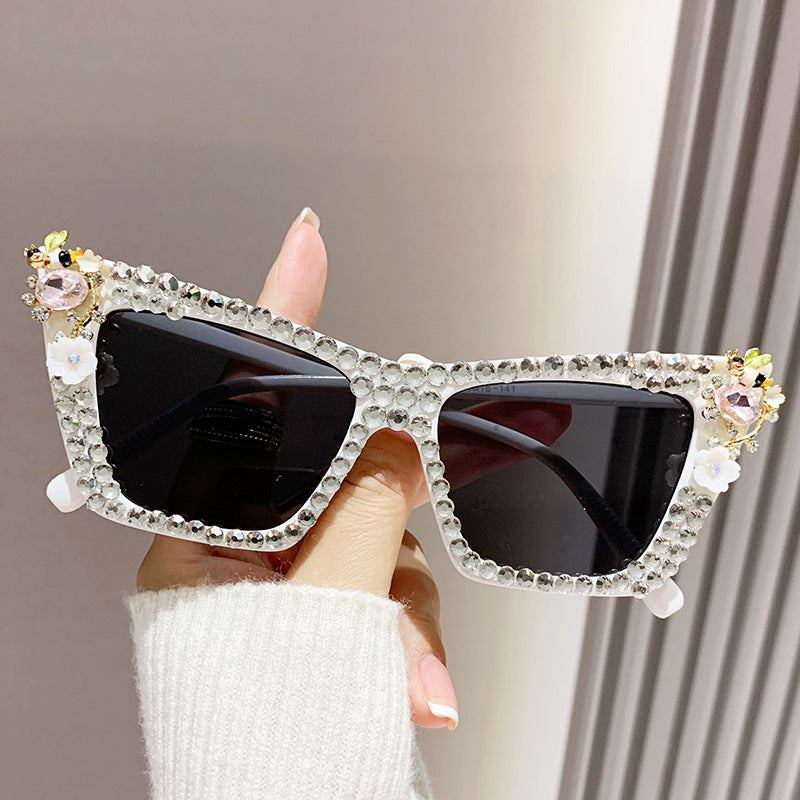 Women's fashion glasses 跨境新款镶钻太阳眼镜酷炫连体金属边朋克墨镜男欧美个性女搞怪