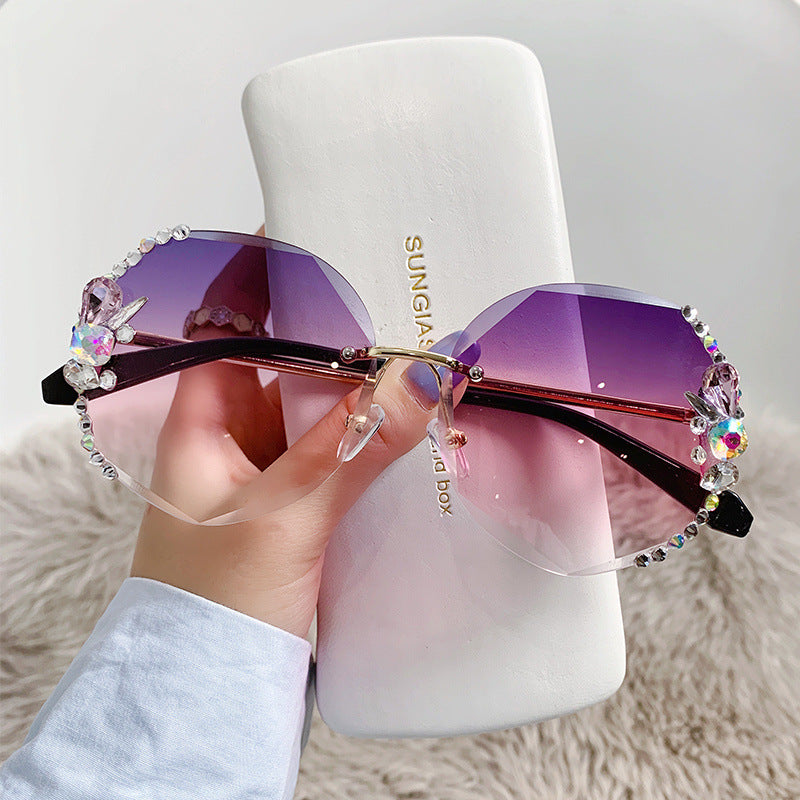 Women's fashion glasses 跨境镶钻无框水钻多边形墨镜女高级感ins大脸显瘦显脸小太阳镜