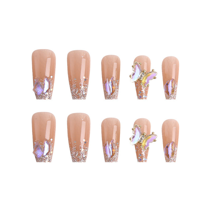 (Hand-Made Nail) Handmade Phototherapy Wearing Nail Wholesale Flash Phantom Purple Rotating Crystal Butterfly Wearable Nail Sticker Finished Nail Art