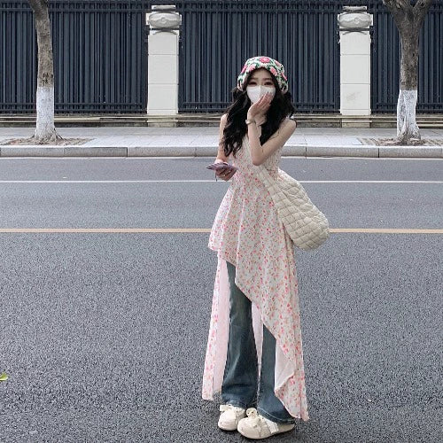 Fashion women's wear Floral Strap Dress Women's Summer Small Waist Slimming Sweet and Spicy Skirt Jeans Two-Piece Suit